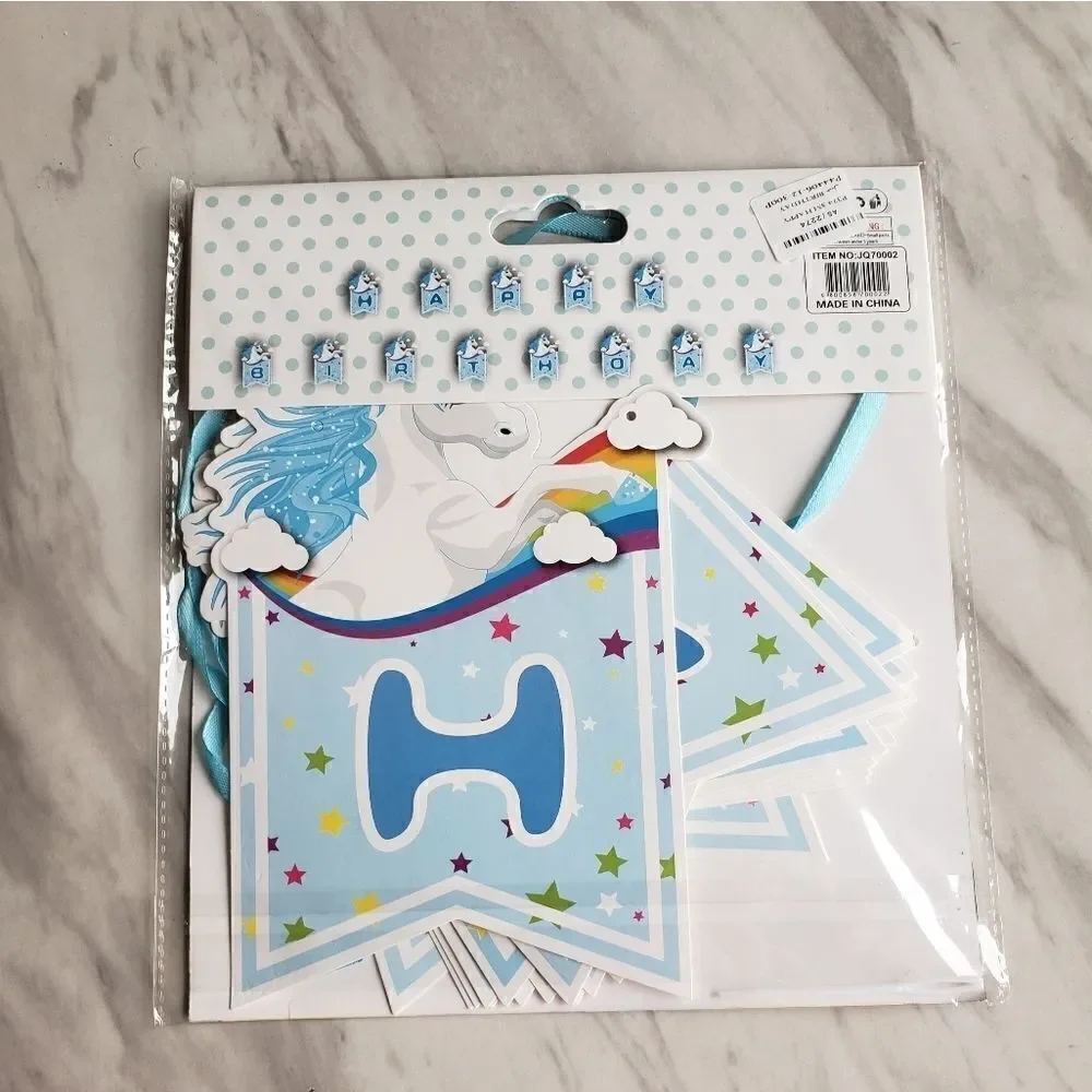 Unicorn Rainbow Blue Boy Happy Birthday Ribbon Banner NWT